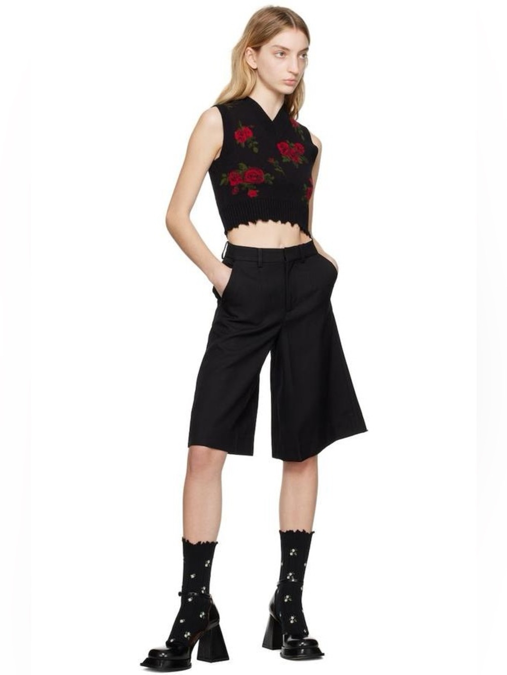 Shushu/Tong Women's Black Wide Leg Bermuda Shorts - Tailored Mid-Length Size 8